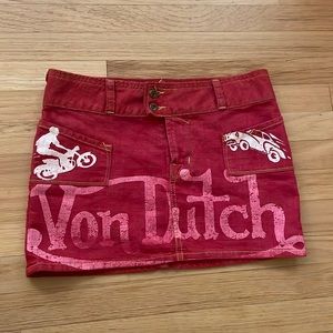 Red Von Dutch denim mini skirt. Low waist